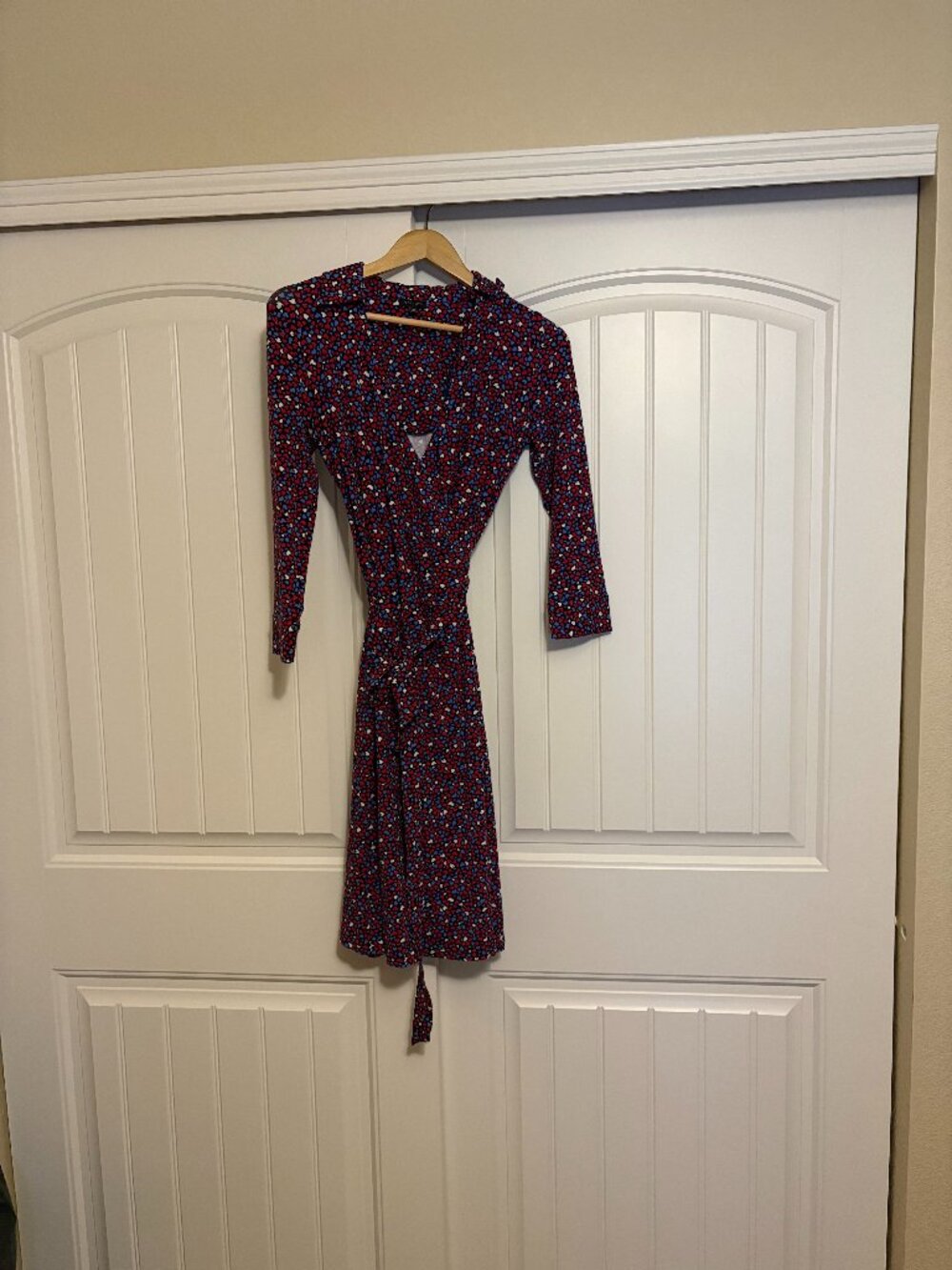 Talbots Faux Wrap Dress XS Xtra Small Heart Print Red BLue White Rayon Blend